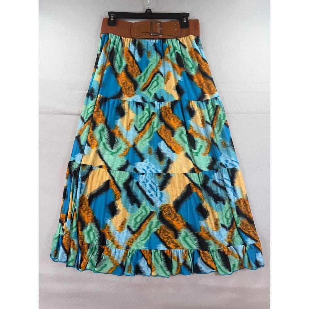Magic Women 1X Abstract Ikat Tiered Maxi Skirt Blue Green Brown Buckle Waist